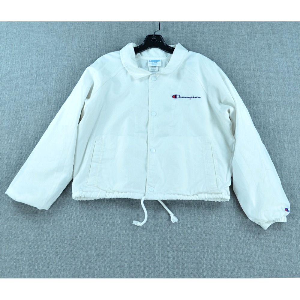 Champion Jacket Women's White Cropped Coach Logo Track Lightweight - Large